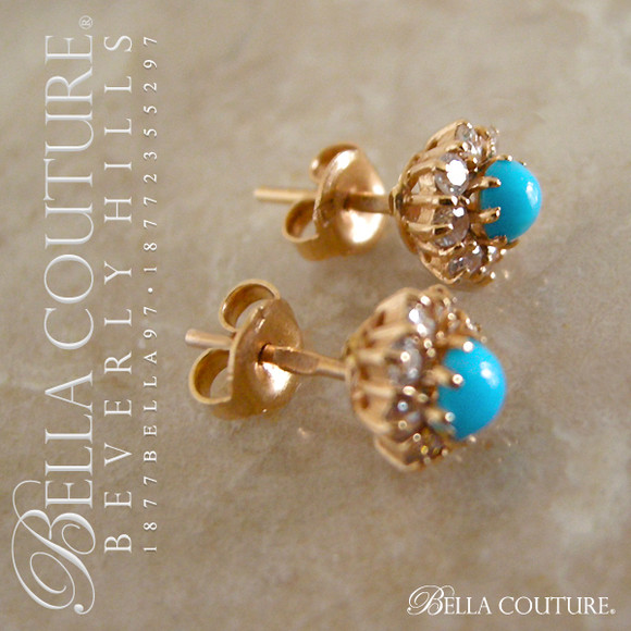 SOLD! - (ANTIQUE) Rare Victorian Gorgeous Persian Turquoise Diamond-Paste 18K Yellow Gold Earrings Circa 1880s