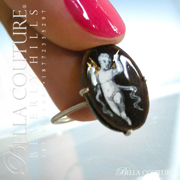 SOLD! - (ANTIQUE) Rare Georgian Victorian 24K Yellow Gold Enamel Putti Cherub CUPIDON Sterling Silver Ring Circa 1714 - 1830
