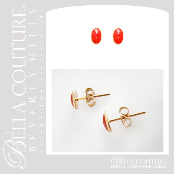 SOLD! - (ANTIQUE) RARE Gorgeous Victorian French Sardinian Coral 9K (9CT) Yellow Gold Earrings (Dainty Stud/Studs Post Style)