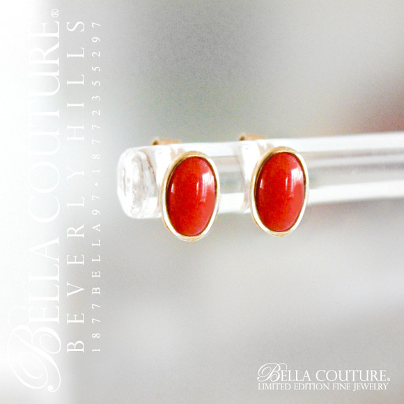 SOLD! - (ANTIQUE) RARE Gorgeous Victorian French Sardinian Coral 9K (9CT) Yellow Gold Earrings (Dainty Stud/Studs Post Style)