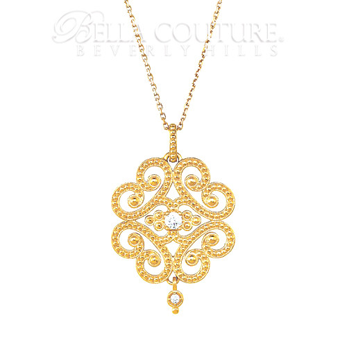 (NEW) BELLA COUTURE ETRUSCAN FILIGREE DIAMOND NECKLACE & PENDANT in 14K Yellow Gold 18"