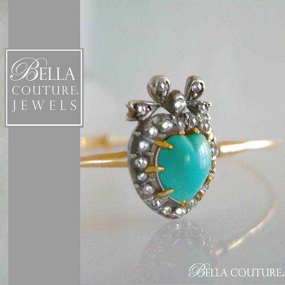 SOLD - (ANTIQUE) Rare Gorgeous Georgian Victorian Rose Cut Diamond & Persian Turquoise Puffy Heart 18K Yellow Gold Bandle Bracelet