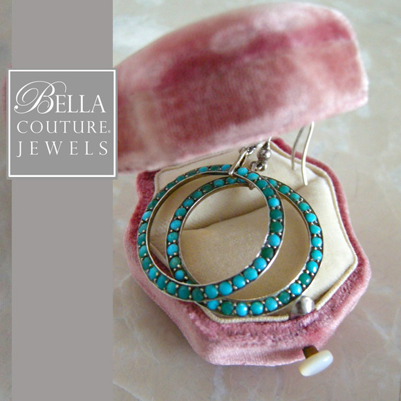SOLD! - (ANTIQUE) Rare Gorgeous Victorian Pave Persian Turquoise Sterling Silver Hoop Dangle Drop Chandelier Earrings