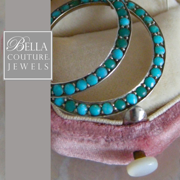 SOLD! - (ANTIQUE) Rare Gorgeous Victorian Pave Persian Turquoise Sterling Silver Hoop Dangle Drop Chandelier Earrings