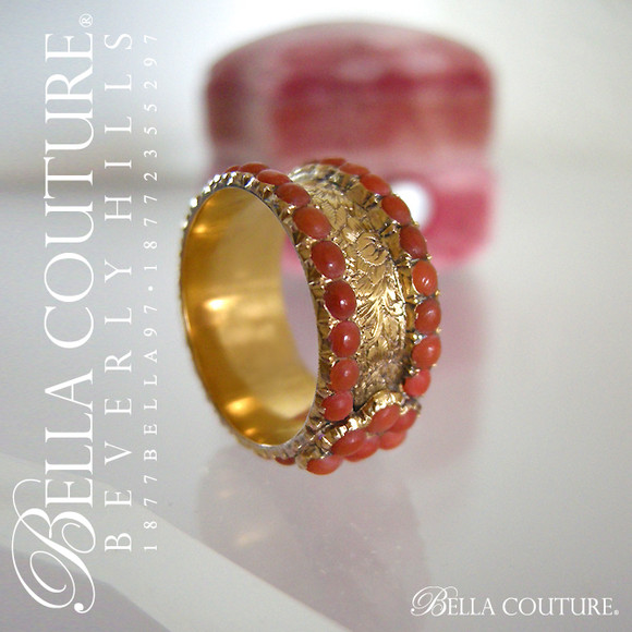 SOLD! - (ANTIQUE) Rare Gorgeous Georgian Victorian Pave' Coral Flower Floral Etched 14K 14CT (15CT) Gold Cluster Ring Band