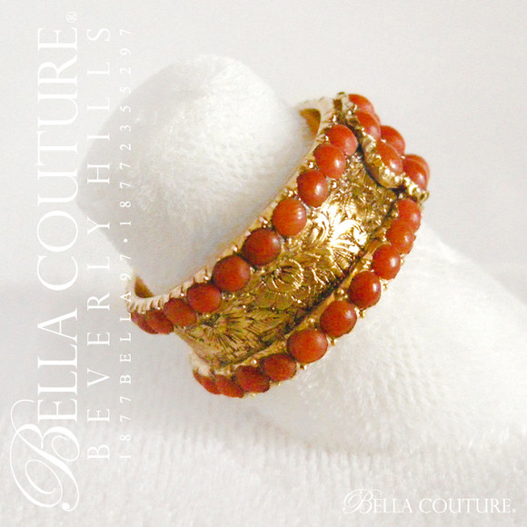 SOLD! - (ANTIQUE) Rare Gorgeous Georgian Victorian Pave' Coral Flower Floral Etched 14K 14CT (15CT) Gold Cluster Ring Band
