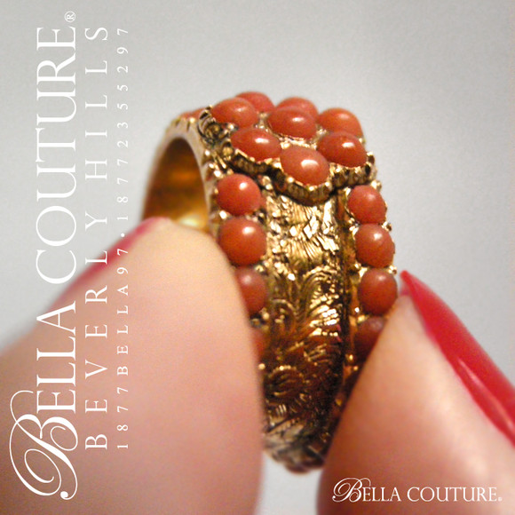 SOLD! - (ANTIQUE) Rare Gorgeous Georgian Victorian Pave' Coral Flower Floral Etched 14K 14CT (15CT) Gold Cluster Ring Band