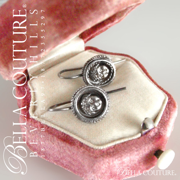 SOLD! - (ANTIQUE) Rare Georgian Victorian Repouss Sterling Silver Putti Cherub Angels 3-D Baby Child Face Dangle Drop Earrings