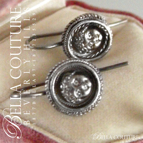 SOLD! - (ANTIQUE) Rare Georgian Victorian Repouss Sterling Silver Putti Cherub Angels 3-D Baby Child Face Dangle Drop Earrings