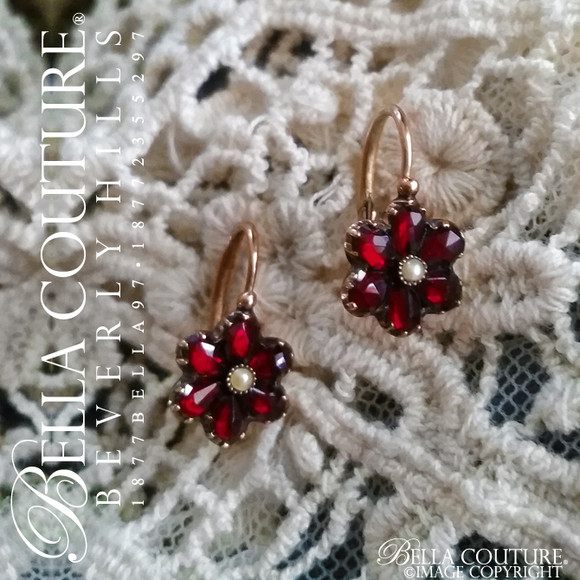 SOLD! - RARE! Gorgeous Antique Georgian Victorian 18K Rose Gold Floral Flower Diamond-Rose-Cut GARNET & PEARL Circa. 1700s - 1838 Ornate Earrings Jewelry