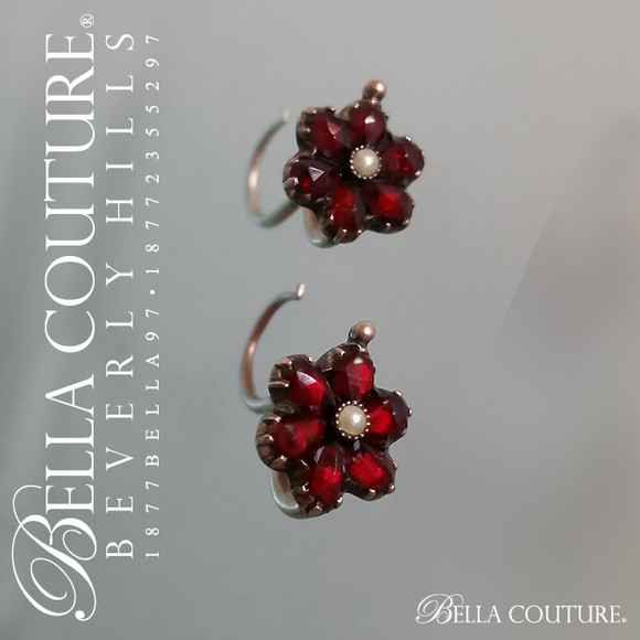 SOLD! - RARE! Gorgeous Antique Georgian Victorian 18K Rose Gold Floral Flower Diamond-Rose-Cut GARNET & PEARL Circa. 1700s - 1838 Ornate Earrings Jewelry