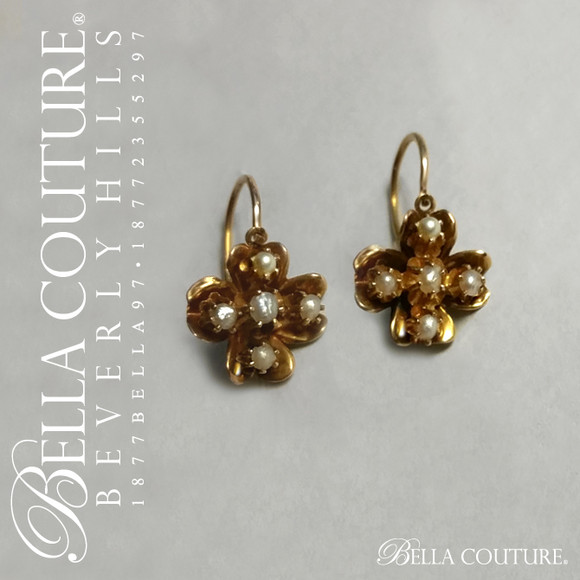 SOLD! - (ANTIQUE) RARE! Gorgeous Georgian Victorian 14K 14CT Yellow Gold Floral Flower Petal Dainty Seed PEARL Circa. 1830s - Ornate Earrings Fine Jewelry