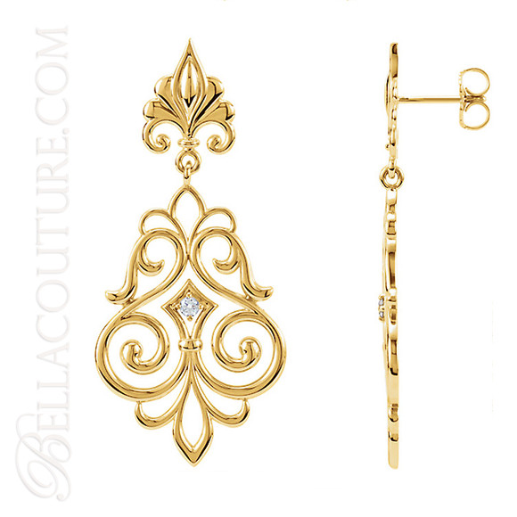 (NEW) BELLA COUTURE FINE HAUTE COUTURE FLEUR-DE-LIS DIAMOND CHANDELIER FILIGREE DANGLE DROP 14K YELLOW GOLD EARRINGS