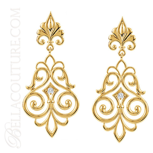 (NEW) BELLA COUTURE FINE HAUTE COUTURE FLEUR-DE-LIS DIAMOND CHANDELIER FILIGREE DANGLE DROP 14K YELLOW GOLD EARRINGS