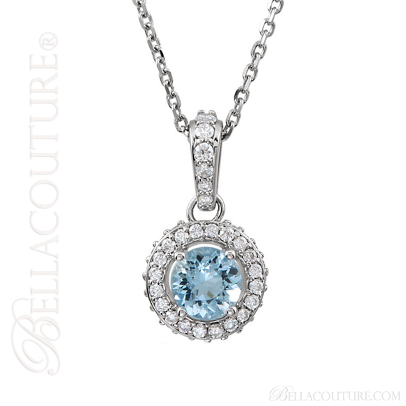 (NEW) Bella Couture Fine Aquamarine & 1/4 CT Diamond 14k White Gold Pendant Necklace (18" Inches in Length)