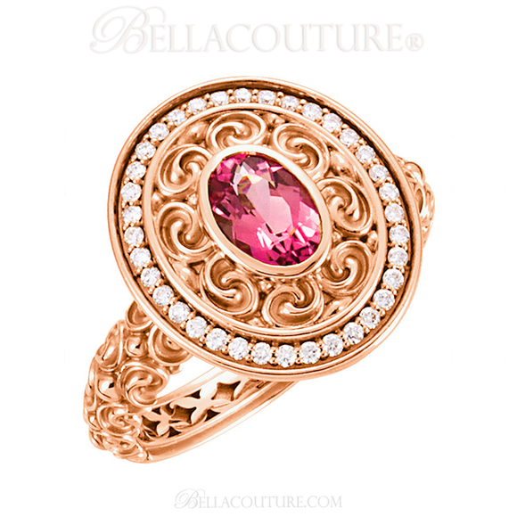 (NEW) BELLA COUTURE Gorgeous Pink Tourmaline 1/5 CT Pave' Diamond 14K Rose Gold Ring
