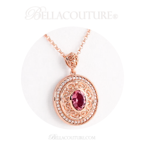 (NEW) Bella Couture Fine Pink Tourmaline 1/5 CT Diamond 14k Rose Gold Pendant Necklace (18" Inches in Length)