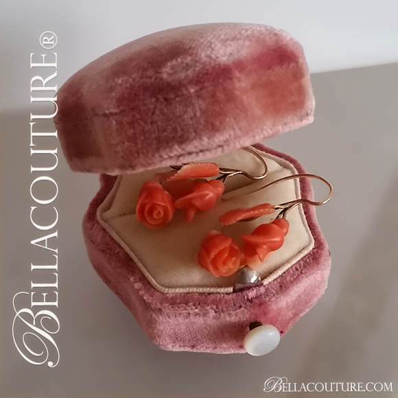 SOLD! - (ANTIQUE) Rare Georgian Victorian Antique 14K Carved Natural Red Coral Floral Flower Blossom Dangle Drop Day and Night Pendant Pierced Earrings