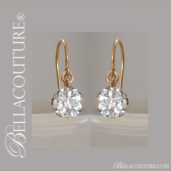 SOLD! - (ANTIQUE) Rare Brilliant Victorian European & Rose Cushion Cut Solitaire Large 3CT Carats Diamond Paste 14K Yellow & Rose Gold Dangle Drop Earrings