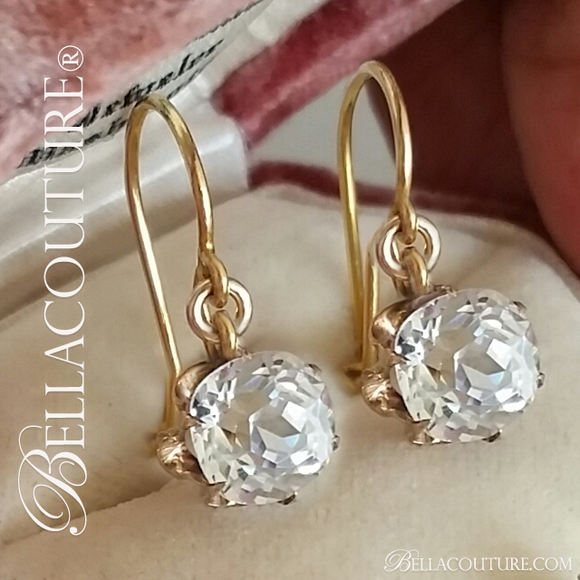 SOLD! - (ANTIQUE) Rare Brilliant Victorian European & Rose Cushion Cut Solitaire Large 3CT Carats Diamond Paste 14K Yellow & Rose Gold Dangle Drop Earrings