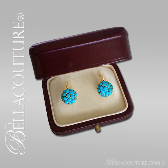 SALE PENDING! - (ANTIQUE) Rare Gorgeous Georgian Victorian Fine Pave' Petite Natural Turquoise 18K Yellow Gold Floral Earrings