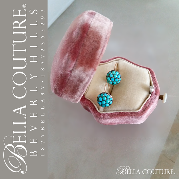 SALE PENDING! - (ANTIQUE) Rare Gorgeous Georgian Victorian Fine Pave Petite Natural Turquoise 18K Rose Gold Floral Earrings