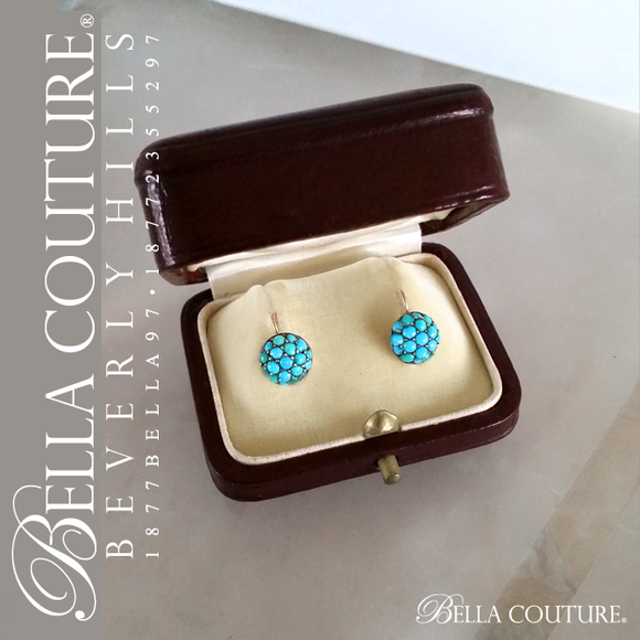 SALE PENDING! - (ANTIQUE) Rare Gorgeous Georgian Victorian Fine Pave Petite Natural Turquoise 18K Rose Gold Floral Earrings