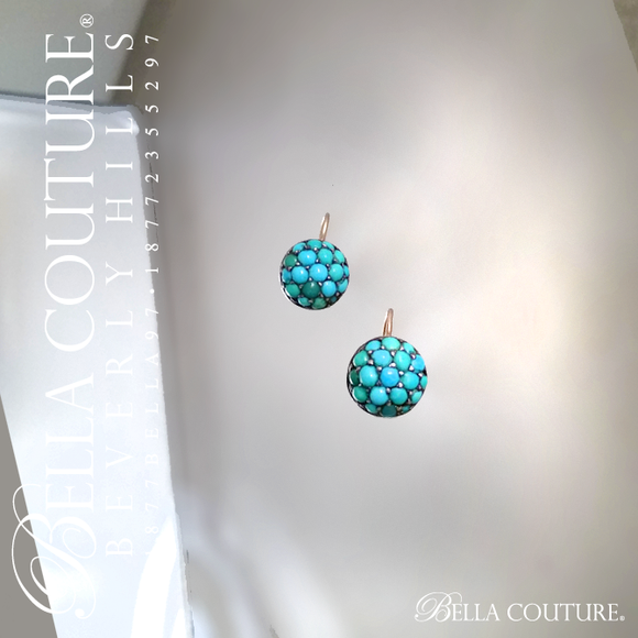 SALE PENDING! - (ANTIQUE) Rare Gorgeous Georgian Victorian Fine Pave Petite Natural Turquoise 18K Rose Gold Floral Earrings