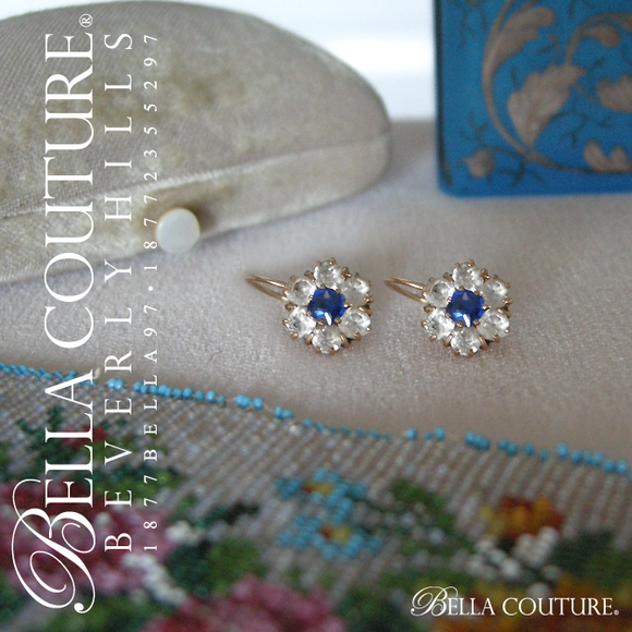 SALE PENDING! - (ANTIQUE) RARE Gorgeous French 18K 18CT Yellow Gold White & Blue Sapphire Paste Georgian Victorian Floral Flower Earrings - Fine Jewelry Jewellery