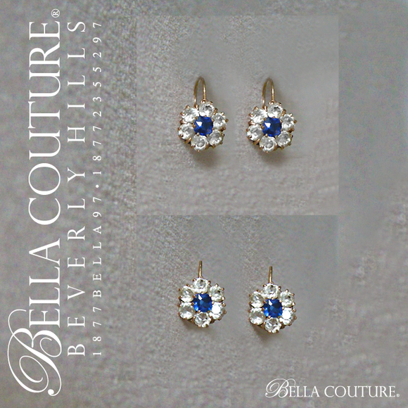 SALE PENDING! - (ANTIQUE) RARE Gorgeous French 18K 18CT Yellow Gold White & Blue Sapphire Paste Georgian Victorian Floral Flower Earrings - Fine Jewelry Jewellery