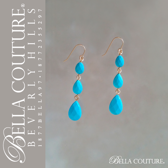 (NEW) Fine Antique Rose Cut Natural Sleeping Beauty TURQUOISE Gemstone 14K Yellow Gold Charm Pendant Dangle Tear Drop Chandelier Earrings