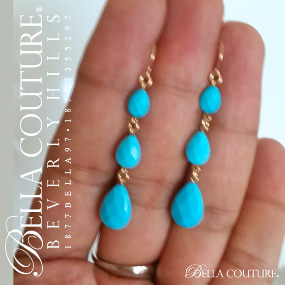 (NEW) Fine Antique Rose Cut Natural Sleeping Beauty TURQUOISE Gemstone 14K Yellow Gold Charm Pendant Dangle Tear Drop Chandelier Earrings