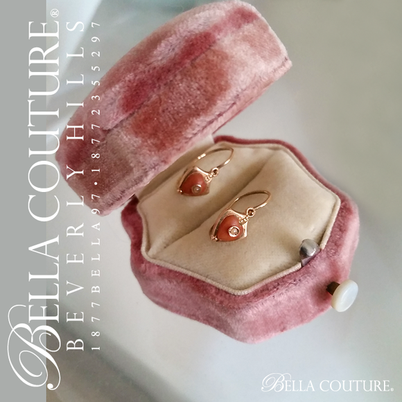 SOLD! - (ANTIQUE) RARE Gorgeous French 14K 14CT Yellow Gold Dainty Carved Coral Heart Charm Natural Gemstone White Seed Pearl Dangle Drop Earrings - One of a Kind - Fine Jewelry Jewellery