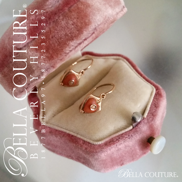 SOLD! - (ANTIQUE) RARE Gorgeous French 14K 14CT Yellow Gold Dainty Carved Coral Heart Charm Natural Gemstone White Seed Pearl Dangle Drop Earrings - One of a Kind - Fine Jewelry Jewellery