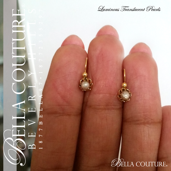 SOLD! - (ANTIQUE) RARE Gorgeous French 18K / 18CT Yellow Gold Natural White Pearl Dainty Fleur De Lis Dangle Drop Earrings - One of a Kind - Fine Jewelry Jewellery