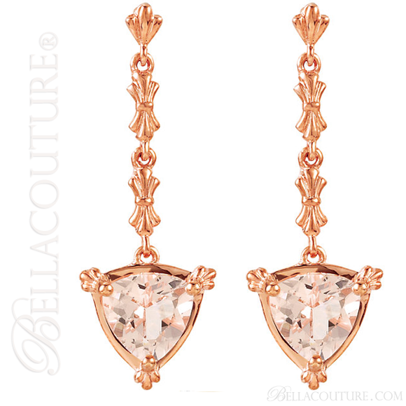 (NEW) BELLA COUTURE Fine Gorgeous Fleur~De~Lis Triliant Cut 2CT Pink Morganite 14K Rose Gold Post Earrings (7MM)