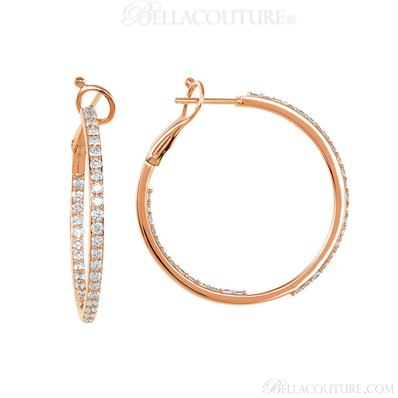 (NEW) BELLA COUTURE BETHANY Gorgeous Brilliant 1.5CT Pave' Diamond Inside/Out 14K Rose Gold Hoop Earrings