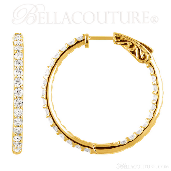 (NEW) BELLA COUTURE FLORA Collection Gorgeous Fine Brilliant 1CT Pave' Diamond Inside/Out 14K Yellow Gold Hoop Lever Back Earrings
