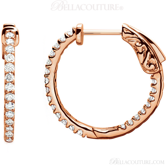 (NEW) BELLA COUTURE FLORA Collection Gorgeous Fine Brilliant 1/2CT Pave' Diamond Inside/Out 14K Rose Gold Hoop Lever Back Earrings