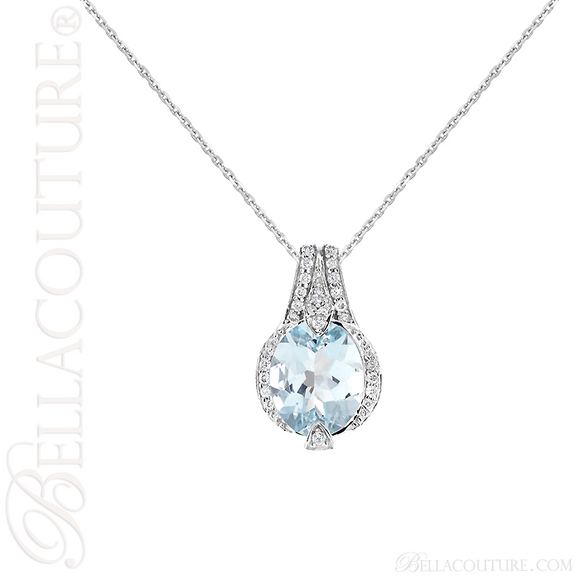 (NEW) BELLA COUTURE HAMPTON Collection Gorgeous Brilliant Aquamarine 1/5CT Diamond 14K White Gold Pendant (11x9mm)
