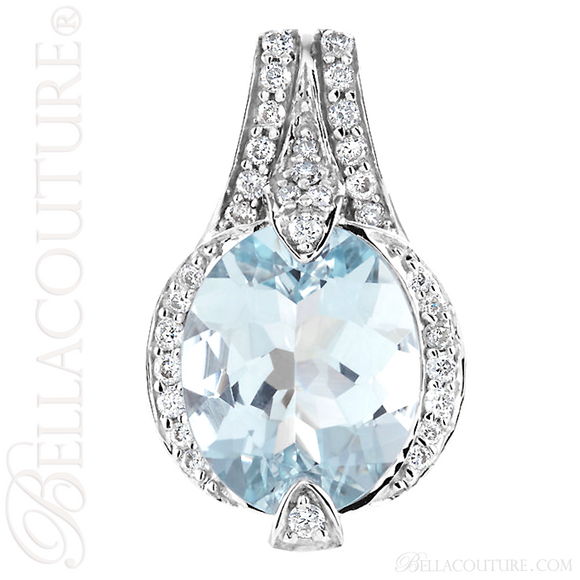 (NEW) BELLA COUTURE HAMPTON Collection Gorgeous Brilliant Aquamarine 1/5CT Diamond 14K White Gold Pendant (11x9mm)