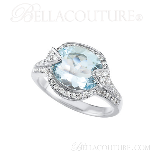 (NEW) BELLA COUTURE HAMPTON Collection Gorgeous Brilliant Aquamarine 1/5CT Diamond 14K White Gold Pendant (11x9mm)