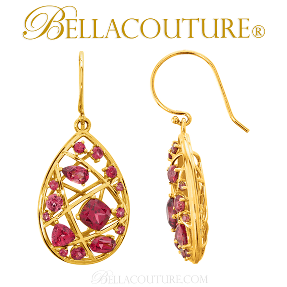 (NEW) Bella Couture Fine Gorgeous Brilliant Nested Rhodolite Garnet 14k Yellow Gold Earrings