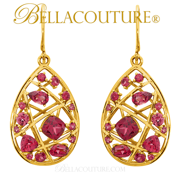(NEW) Bella Couture Fine Gorgeous Brilliant Nested Rhodolite Garnet 14k Yellow Gold Earrings
