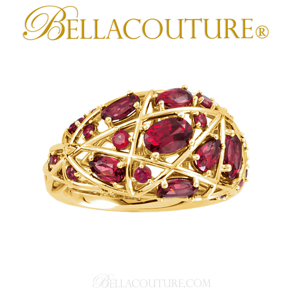 (NEW) Bella Couture Fine Gorgeous Brilliant Nested Rhodolite Garnet 14k Yellow Gold Ring