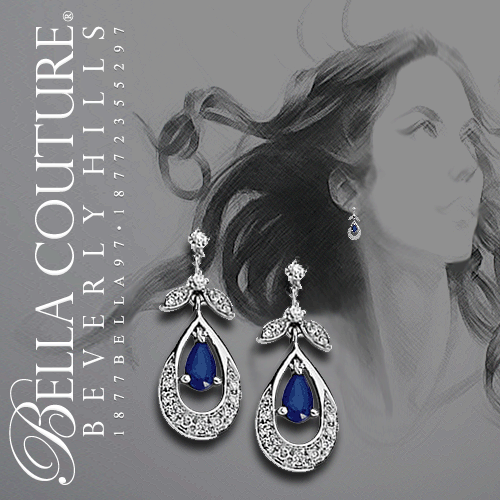 SOLD OUT! (NEW) BELLA COUTURE ® FINE 1/4 CT DIAMOND GENUINE SAPPHIRE DANGLE DROP EARRINGS in 14K White Gold