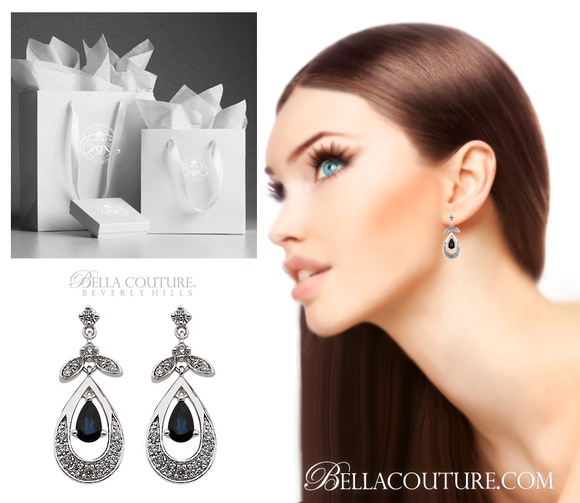 SOLD OUT! - (NEW) BELLA COUTURE FINE DIAMOND GENUINE SAPPHIRE 14K WHITE GOLD DANGLE DROP PENDANT NECKLACE (7x5MM)(18" Inches in Length)