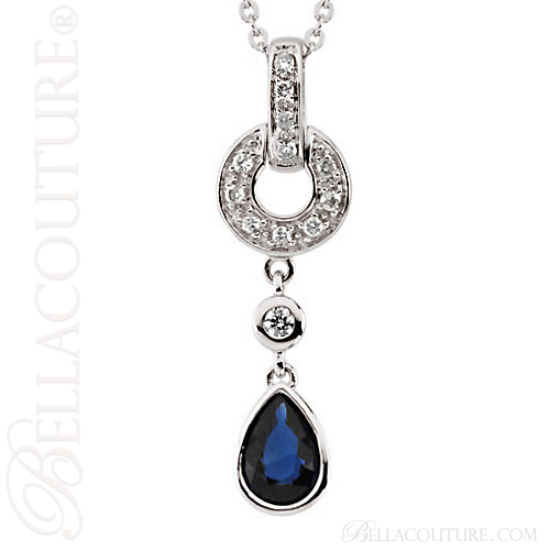 (NEW) BELLA COUTURE TORA FINE DIAMOND GENUINE SAPPHIRE 14K WHITE GOLD DANGLE DROP PENDANT NECKLACE (18" Inches in Length)