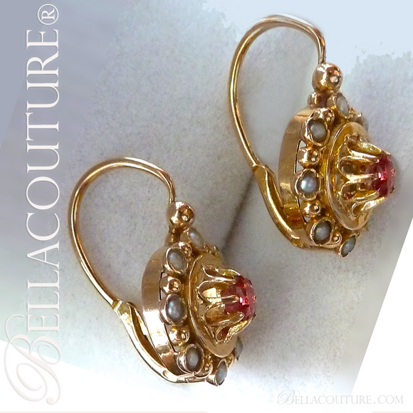 SOLD! (ANTIQUE) Rare EXQUISITE French Victorian 18K 18Ct Solid Yellow Gold Cushion Cut Ruby & Cultured Pearl Gemstone Earrings Circa 1700s - 1840s Fine Jewelry