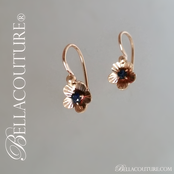 SOLD! - (ANTIQUE) Gorgeous Rare French Floral Flower Figural Etched Genuine Natural Blue Sapphire Gemstone Victorian 18K 18Ct Solid Rose Gold Earrings - Circa 1838 - Fine Jewelry (One of a Kind)